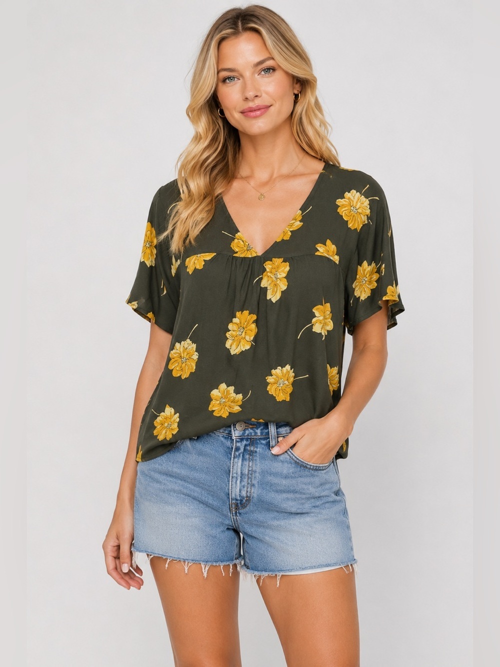 Madewell Rhyme Olive Green and Yellow Floral V-Neck Top Size Small
